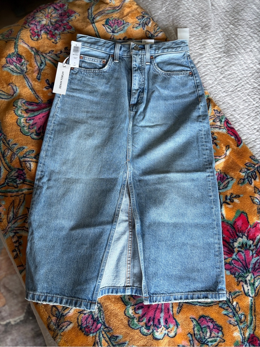 Denim Forum Light Wash Denim Midi Skirt with Front Slit